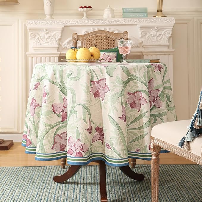 patdrea Designer Purple Tablecloth for Round Tables,Framhouse Linen Violets and Leaves Pattern Linen Tablecloth,Elegant Floral Table Cover Cloth Decor for Kitchen Dining Christmas,Diameter 55"