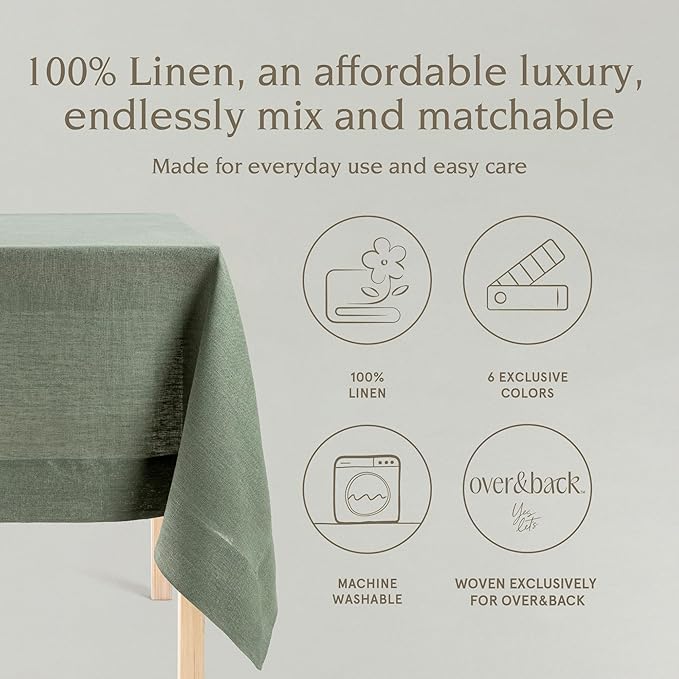 over&back 100%-Linen Woven Tablecloth - Colorful Dining Room Table Cover - Mitered Corner Hems - Machine Washable - Kitchen and Home Decor - Green - 70x108