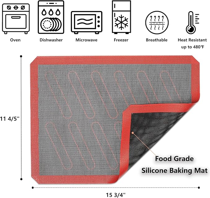Perforated Silicone Baking Mats, 2 PCS Eclair Silicone Mat for Half Sheet with 12 Printed Oblong Eclair Guides, Non-Stick Reusable Oven Liners for Making Bread/Pizza/Pastry/Cookie 11-4/5" x 15-3/4"
