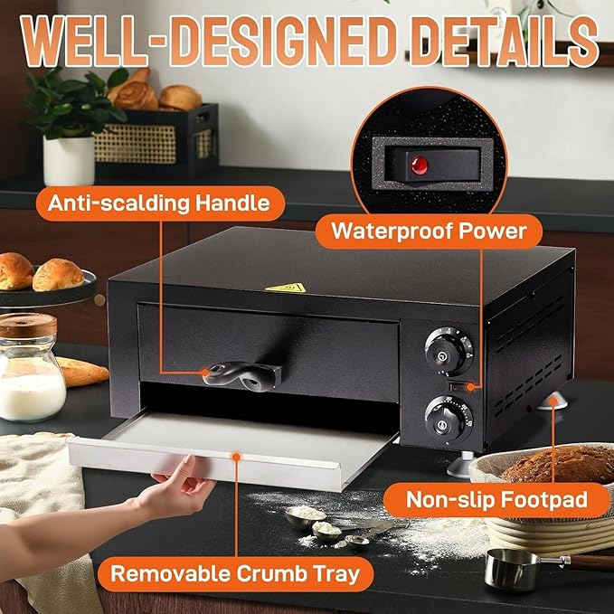 ROVSUN Electric Pizza Oven, 110V 1100W Stainless Steel Pizza Baker with Auto Shut-off, Handle, Removable Crumb Tray, Countertop Pizza Maker for Kitchen Commercial Home-Black