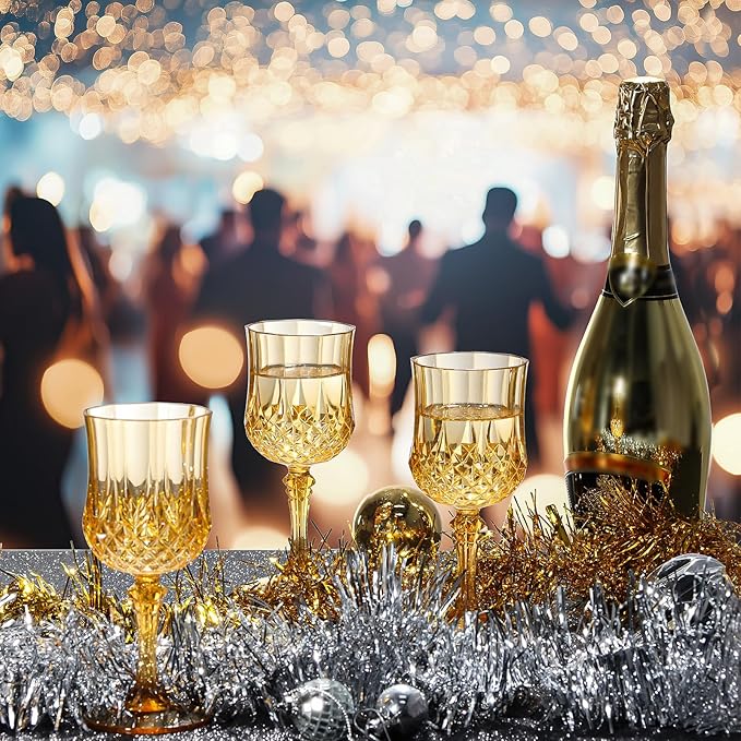 XUWAIDSGN 24 Pcs 7oz Plastic Vintage Wine Glasses Drinking Glasses Unbreakable Wedding Glassware Crystal Water Goblets Reusable Drinkware Vintage Champagne Flutes (24, Amber)