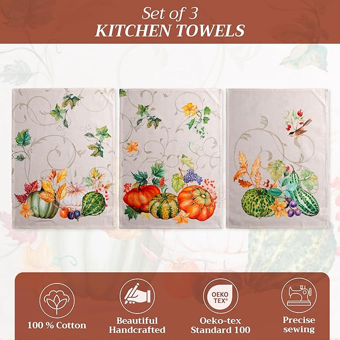 Maison d' Hermine Kitchen Towels Set of 3 100% Cotton 20" x 27.5" Reusable Cloth Tea Dish Towels Absorbent with Hanging Loop for Kitchen Dining Thanksgiving Christmas Decorations (Lumina)