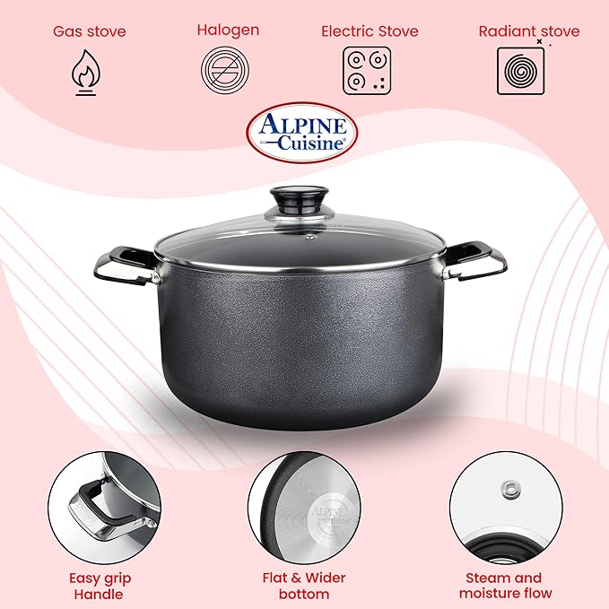 Alpine Cuisine 22 Quart Non-stick Stock Pot with Tempered Glass Lid and Carrying Handles, Multi-Purpose Cookware Aluminum Dutch Oven for Braising, Boiling, Stewing