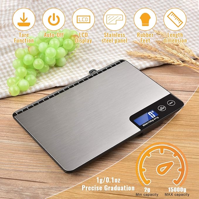 33lb Digital Kitchen Scale Large Weighing Area (9 in), Diyife Professional Electronic Food Scale, Stainless Steel Household Scale, Touch Control, LCD Display, Hangable, 6 Units, Tare, with Batteries