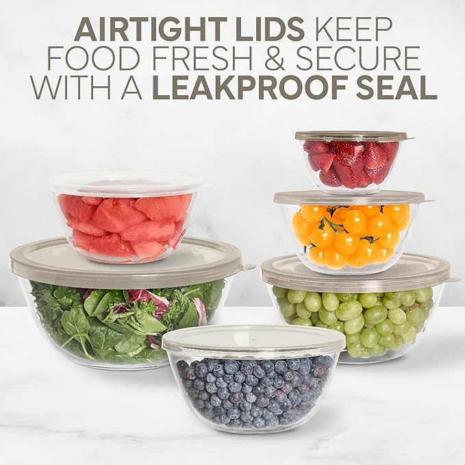 COOK WITH COLOR 12 Pc Glass Mixing Bowl Set with Lids – Borosilicate Glass Nesting Bowls for Cooking, Baking and Meal Prep, Brown