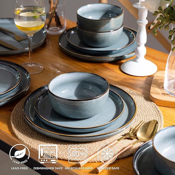 GBHOME Ceramic Dinnerware Sets for 8, 24 Pieces Stoneware Plates and Bowls Sets, Scratch Resistant Dishes, Dishwasher & Microwave Safe, Reactive Glaze-Space Blue