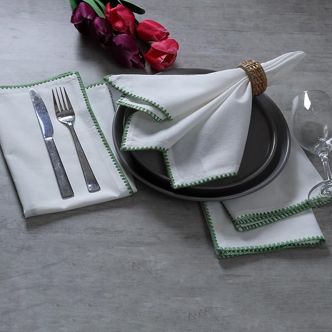 Bedding Craft Cotton Cloth Dinner Napkins Set of 12 – 18x18 Salted Lime with Colored Edge Embroidery – Washable Fabric Napkins for Wedding Table Décor, Parties, Restaurants & Everyday Dining