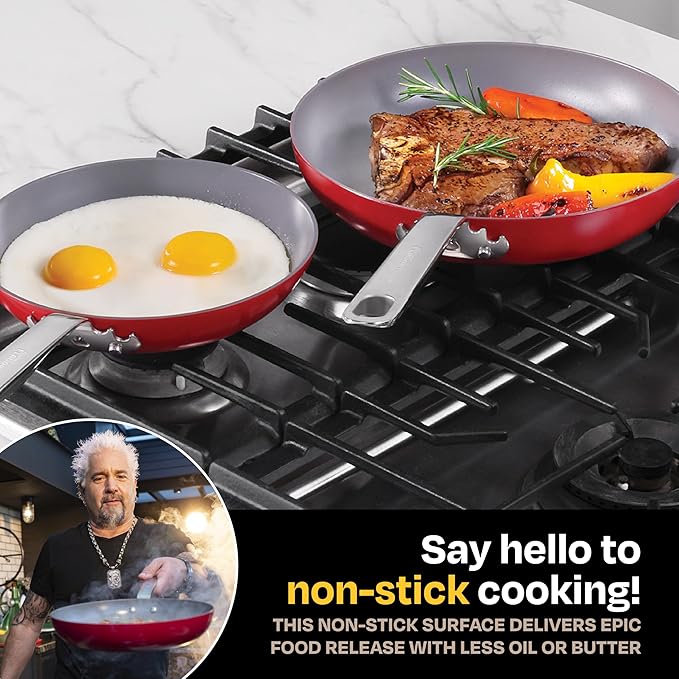 Guy Fieri's Flavortown 2-Piece Ceramic Cookware Set, Nonstick Frying Pan Set 10" and 12", Kitchen Cookware, Made without PFAS PTFE PFOA, Oven and Dishwasher Safe, Easy to Clean Everyday Cookware