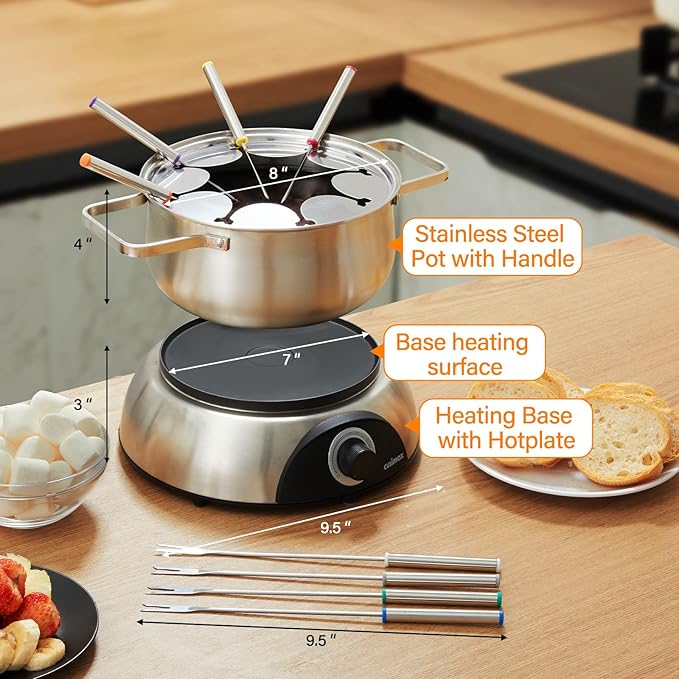 CUSIMAX Electric Fondue Set, 1500W Electric Fondue Pot with Luminated Control Dial, 8 Colour Coded Stainless Steel Forks, For Chocolate, Cheese, Broth, Oil, Stainless Steel Fondue Maker, 1.4 Quart