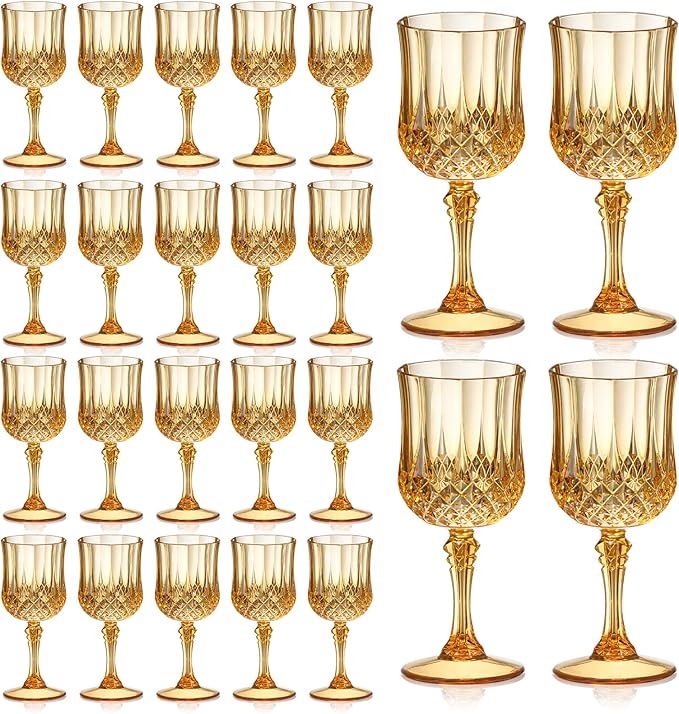 XUWAIDSGN 24 Pcs 7oz Plastic Vintage Wine Glasses Drinking Glasses Unbreakable Wedding Glassware Crystal Water Goblets Reusable Drinkware Vintage Champagne Flutes (24, Amber)