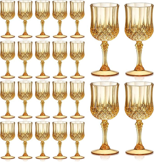 XUWAIDSGN 24 Pcs 7oz Plastic Vintage Wine Glasses Drinking Glasses Unbreakable Wedding Glassware Crystal Water Goblets Reusable Drinkware Vintage Champagne Flutes (24, Amber)