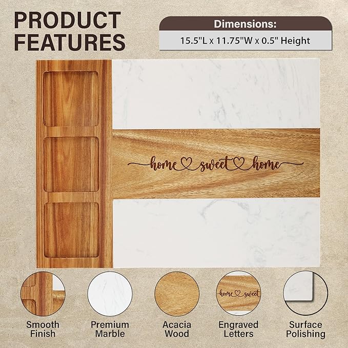 EMM Marble Cutting Board Set, Charcuterie Cheese Boards, 3 Bowls, 3 Spoons, 4 Charcuterie Utensils, Meat, Fruits, Vegetables, Housewarming, Wedding - Home Sweet Home