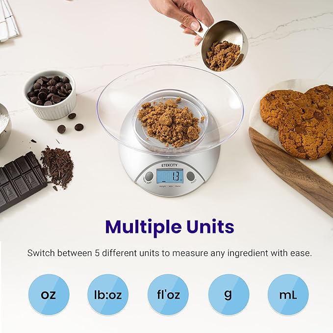 Etekcity Food Kitchen Scale With Bowl, Digital Ounces and Grams for Cooking, Baking, Meal Prep, Dieting, and Weight Loss, 11lb/5kg, Backlit Display