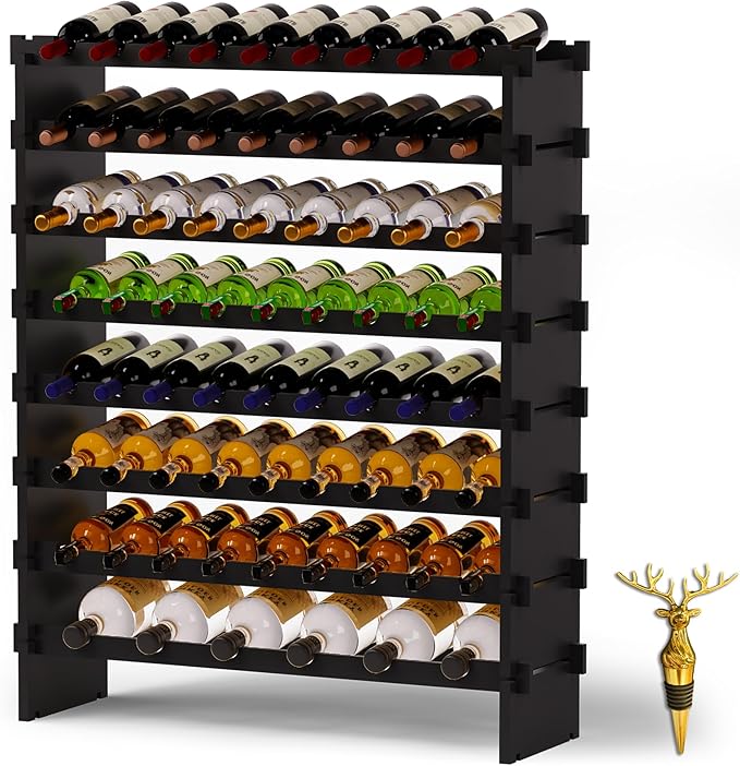 Wine Rack Freestanding Floor, Bamboo 8-Tier 69 Wine Bottle Holder Racks Countertop Cabinet Display, Wooden Stackable Modular Wine Storage Organizer Shelves for Kitchen Bar Cellar Dining Room Black