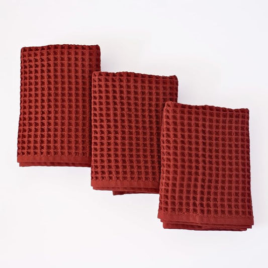 PÜSKÜL Organic Waffle Kitchen Towel 100% Turkish Cotton Set of 3 Red Brick - Premium Quality, Soft, Quick-Dry, Absorbent, Lint-Free Hand Towels 32X16 Inches (3, Brick)