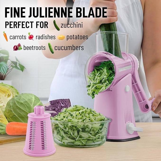 Zulay Kitchen Rotary Cheese Grater 5 Blade Cheese Shredder - Manual Hand Crank Cheese Grater With Reinforced Suction & 5 Interchangeable Drums - Easy to Use, Vegetable Chopper Round Mandoline Slicer