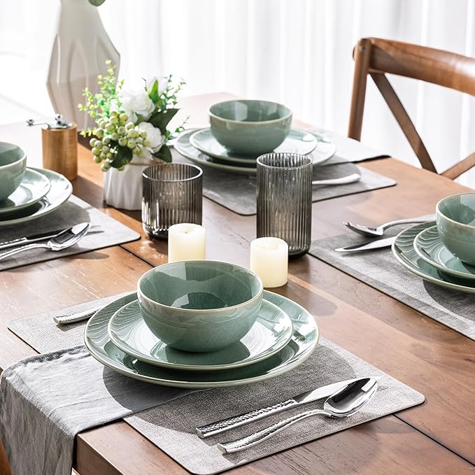 GBHOME Ceramic Dinnerware Sets for 8, 24 Pieces Stoneware Plates and Bowls Sets, Reactive Glaze Dish set -Scratch Resistant, Dishwasher&Microwave Safe-Malachite Green