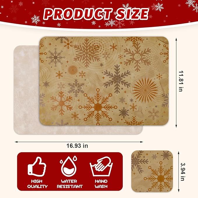 Le courant 16.9in 6PACK Christmas Snowflake Placemats with 6 Coasters, Reversible Faux Leather Easy Clean Waterproof Stain Resistant Place Mats, for Home Party Dining Holiday Table Decor