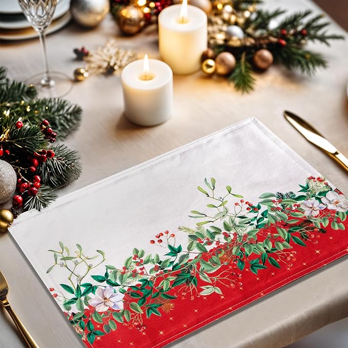 Maison d' Hermine Placemats Set of 4 100% Cotton Washable Cloth Place Mats, Reusable Table Mats for Thanksgiving Christmas Decorations Kitchen Dining Party Wedding Restaurant (Noel, 13" x 19")