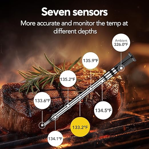 WiFi Sub-1G Wireless Meat Thermometer Unlimited Range 7 NIST Certified Sensors with Ambient Temp 2 Temp Monitoring Ways Digital Smart Base and App for BBQ, Smoker, Grill, Oven (1, black, small)