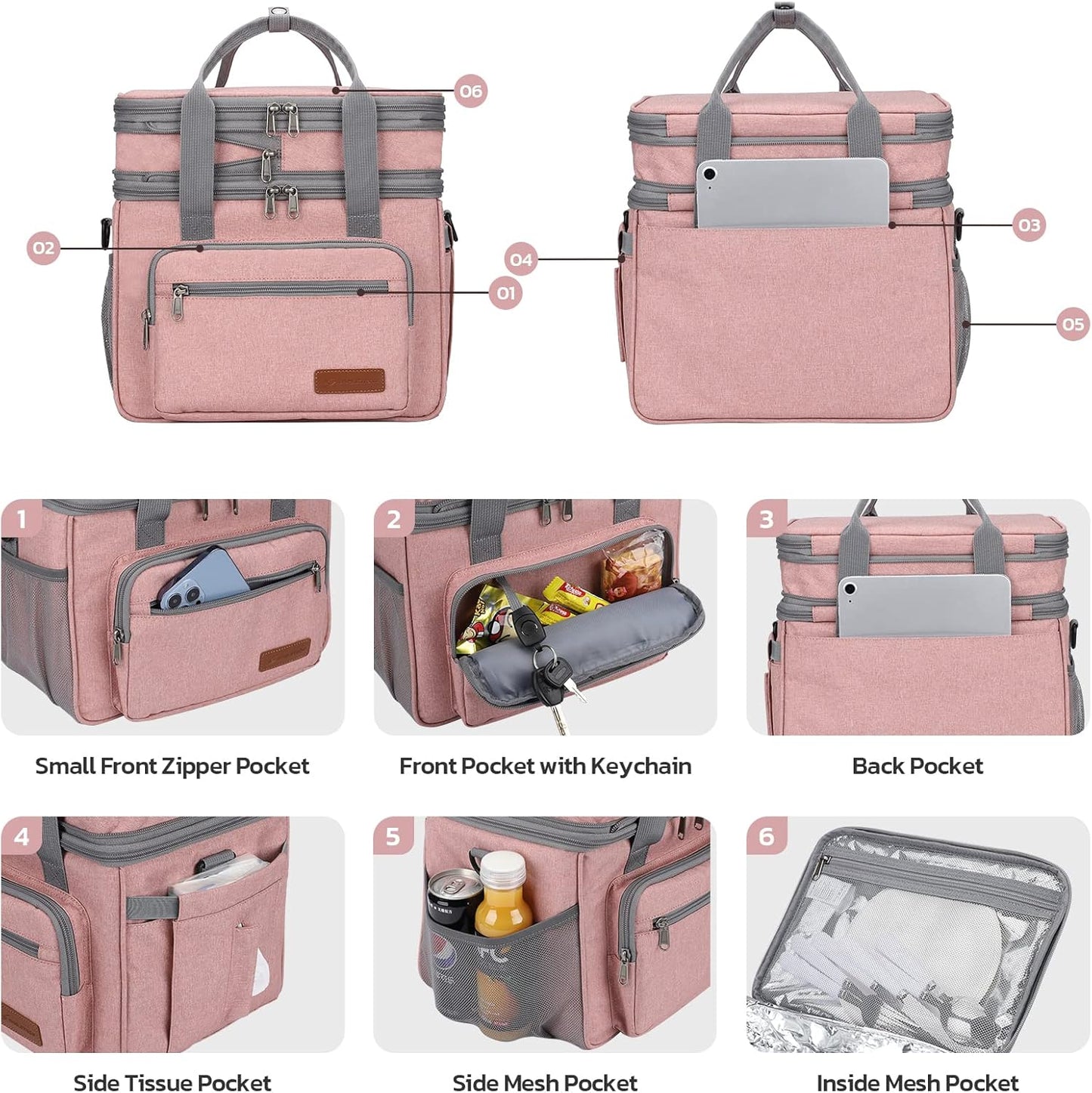 Maelstrom Lunch Bag Women,23L Insulated Lunch Box for Men Women,Expandable Double Deck Lunch Cooler Bag,Lightweight Leakproof Lunch Tote Bag with Side Tissue Pocket,Pink