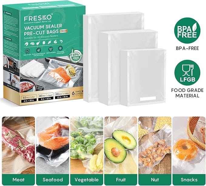 FRESKO Vacuum Sealer Bags, 150 Gallon 11" x 16" and Quart 8" x 12" and Pint 6" x 10" BPA Free PreCut Bag, Commercial Grade Food Vac Bags for Storage, Meal Prep or Sous Vide
