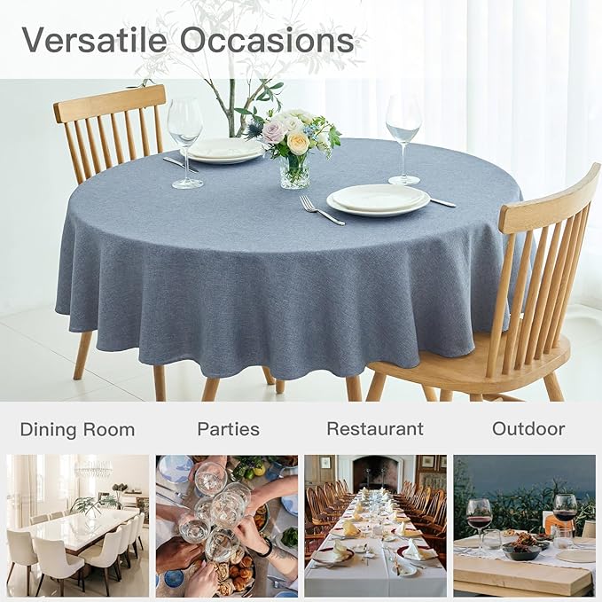 maxmill Round Linen Textured Tablecloth Spill-Proof Stainproof Wrinkle Free Washable Fabric Table Cloth for Circular Table Cover, Dining Room Buffet Banquet Party Holiday Dinner, 70 Inch Demin Blue