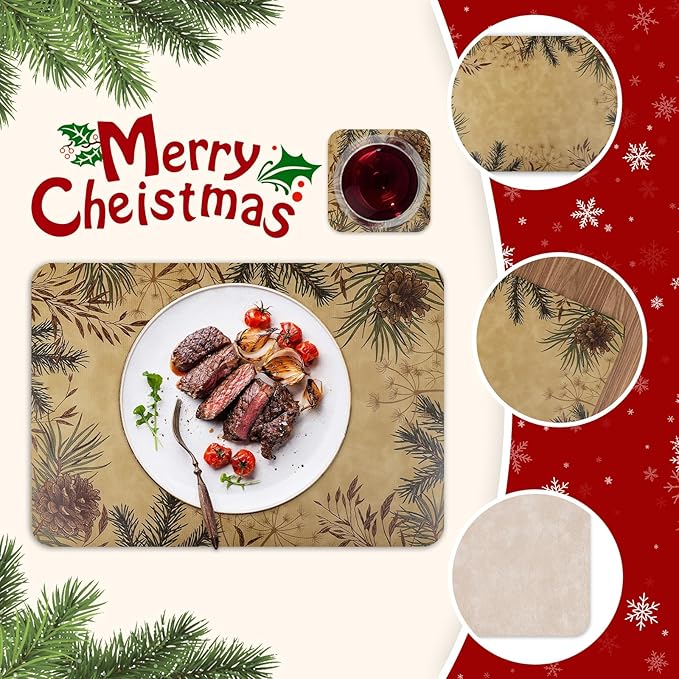Le courant 16.9in 6PACK Christmas Pinecone Placemats with 6 Coasters, Reversible Faux Leather Easy Clean Waterproof Stain Resistant Place Mats, for Home Party Dining Holiday Table Decor