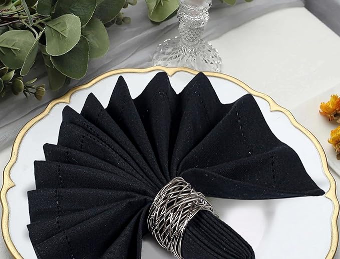 Bedding Craft Cloth Dinner Napkins Set of 12 – 18x18 Jet Black Linen-Look Hemstitched – Reusable Machine Washable Fabric Napkins for Weddings, Events & Everyday Dining