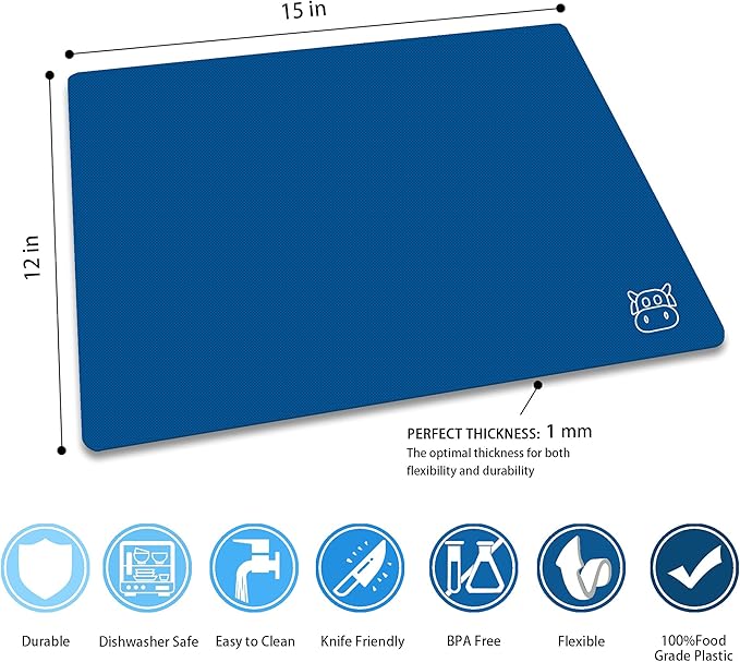 ZVP Plastic Cutting Boards for Kitchen, Flexible Cutting Mats, Gradient Blue Chopping Boards with Food Icon, Non-Slip, Non Porous, BPA Free, Dishwasher Safe