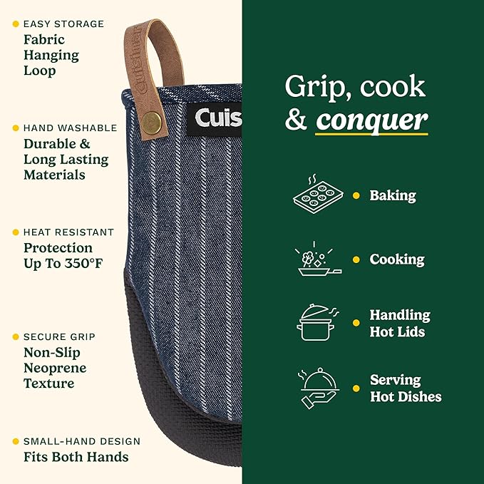 Cuisinart Heritage Mini Oven Mitts–5.5”x7” Heat-Resistant Kitchen Mitts for Oven with Non-Slip Neoprene Palm, Cotton Filling, and Faux Leather Loop–Durable Oven Mitt Set (Denim Pinstripe)