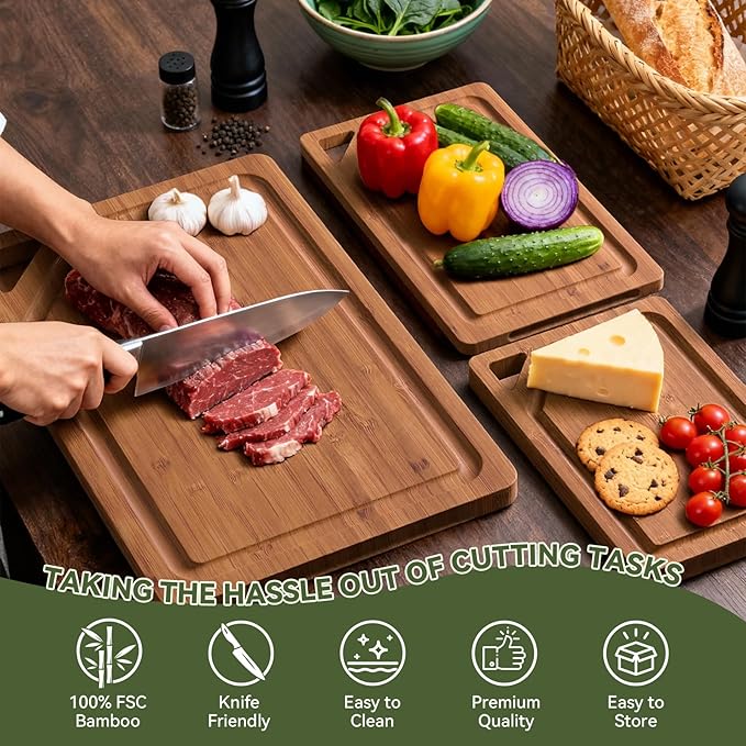 Bamboo Cutting Boards for Kitchen, [Set of 3] Wood Cutting Boards with Deep Juice Grooves, Built-in Handles & Holder, Charcuterie board & Chopping board for Meat, Vegetables and Fruits,Brown