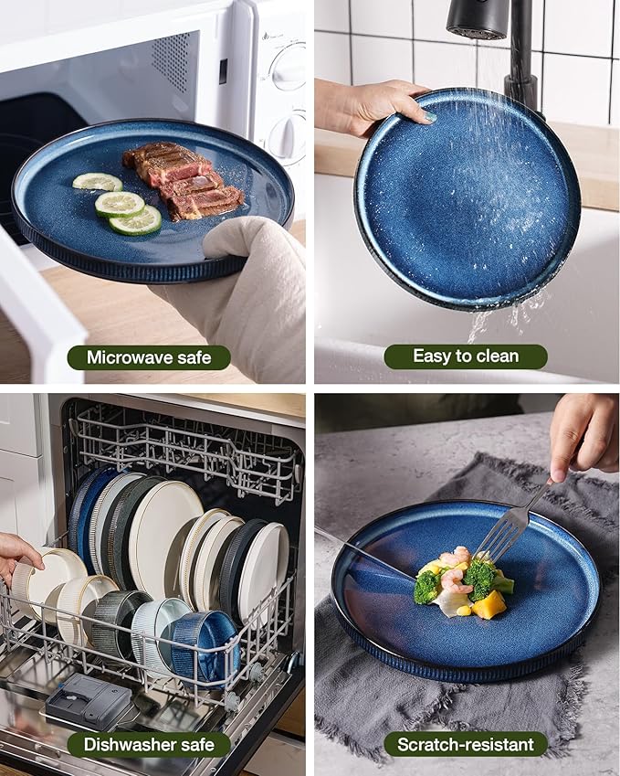 Famiware Star Dinnerware Set, Plates and Bowls Sets for 4 (12pcs), Ribbed Stoneware Dishes - Chip & Scratch Resistant, Microwave & Dishwasher Safe, Multicolor - Cappuccino White & Nebulas Blue