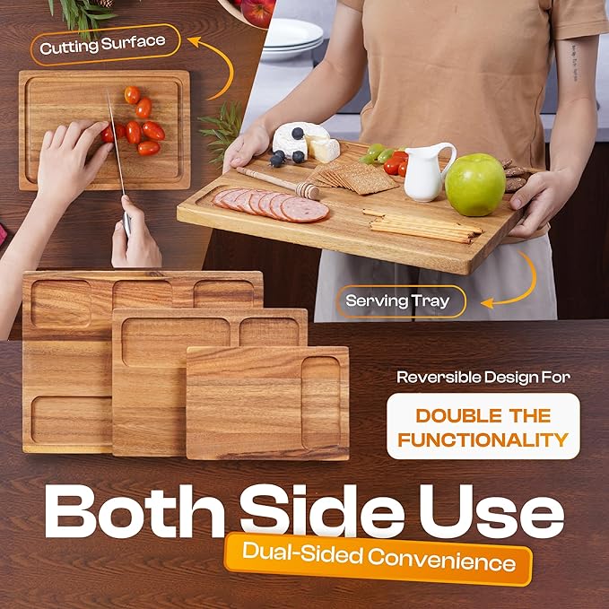 Premium Acacia Wood Cutting Board Set of 3 – Reversible Dual-Sided Boards for Chopping & Serving, 100% Natural Hardwood Butcher Blocks with Juice Groove, Multi-Size