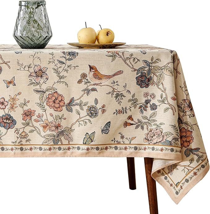 French Tablecloth for Rectangle Tables,Linen Table Cloth with Flowers and Birds Pattern,Heavy Durable Table Cover for Dining Thanksgiving Kitchen Decor Party Banquet Christmas,63"*110"