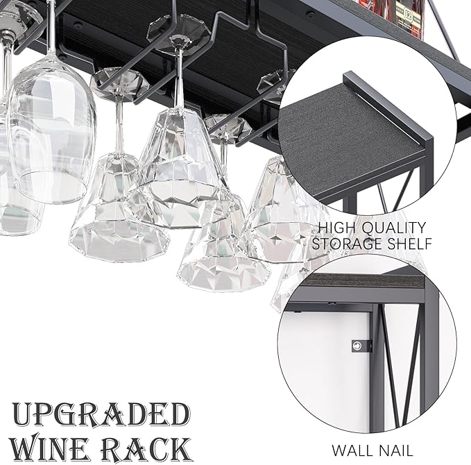 Dokser Wine Rack Wall Mounted Shelf - 2 Tier, Rustic Wood & Industrial Iron Frame Wine Bottle Holder for Kitchen, Dining Room, Home Bar Decor (Black)