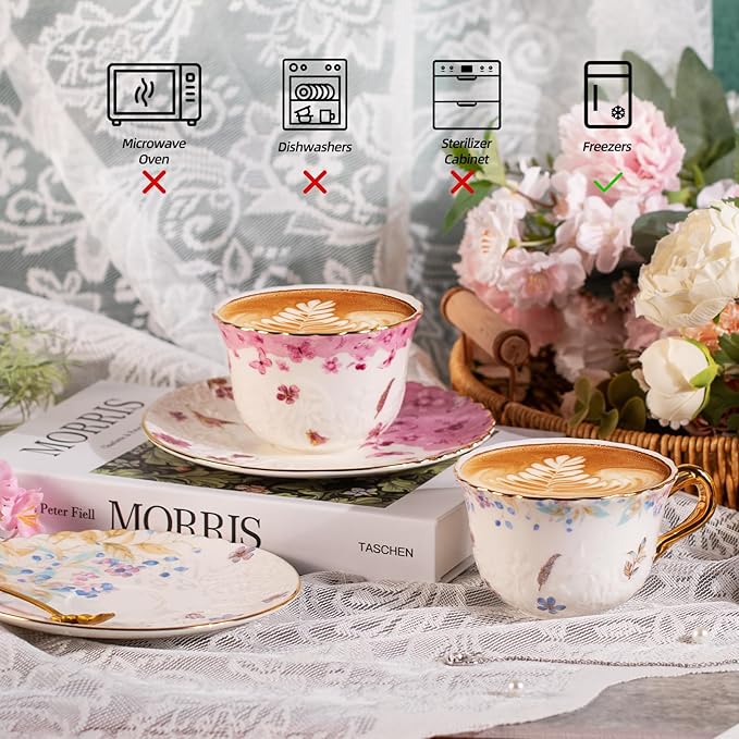 KAMMAK Tea Cups and Saucers Set of 2, Reinforced Porcelain Coffee Cups, 8.5-Ounce Stackable Espresso Mugs, Ceramic Demitasse for Coffee, Cappuccino, Latte, Americano, Tea, Colorful + Butterfly