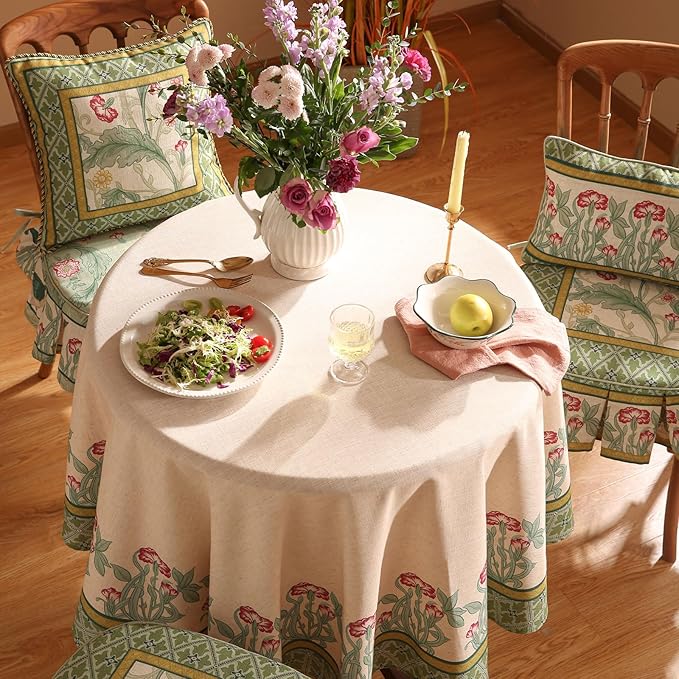 patdrea Designer Green Tablecloth for Round Tables,Vintage Linen with Leaves and Flowers Pattern Tablecloths,Farmhouse Floral Table Cover Cloth Decor for Kitchen Dining Christmas,Diameter 67"