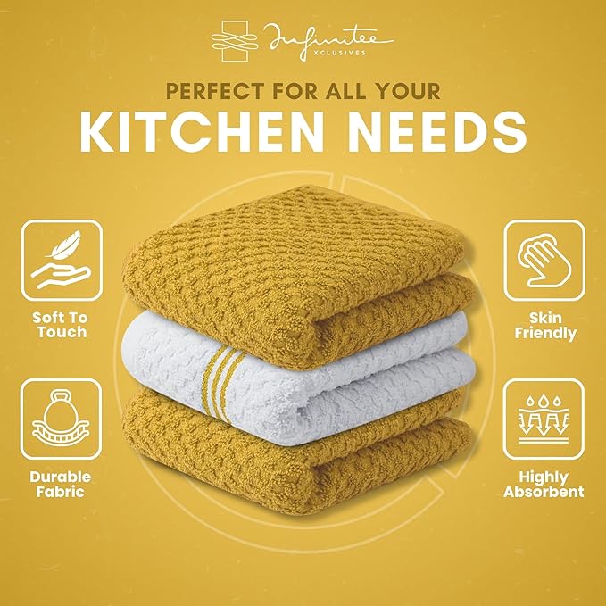 Infinitee Xclusives Premium Kitchen Towels – Pack of 3, 100% Cotton |15 x 25| Inches Absorbent Dish Towels - Terry Kitchen Dishcloth Towels - Yellow Dish Cloth for Household Cleaning