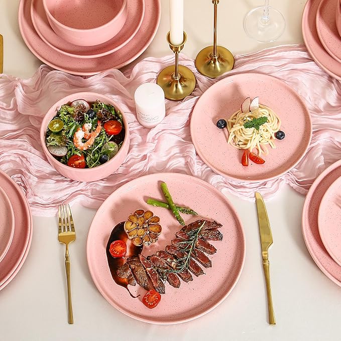 GZG Modern Art Series - 18 Pcs Speckled Stoneware Plates and Bowls Sets, Ceramic Dinnerware Set with Rustic Terracotta Underside, Microwave and Dishwasher Safe Handcrafted Dishes Set - Blush Pink