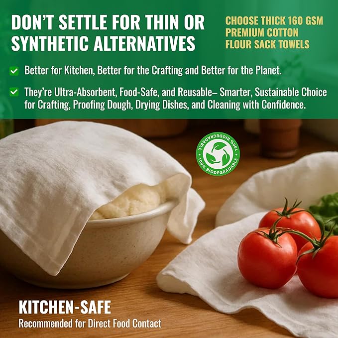 Flour Sack Towels | Tea Towel for Crafts| Kitchen Dish Cotton Blank Towel for Embroidery| Baking Bread Proofing Linen Cover| Thick Absorbent Quick Dry | 4 Pack 33"x38" Natural