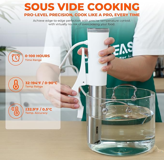 SUSTEAS Sous Vide,1200W Sous Vide Cooker with 15 Vacuum Bags Pump Recipe, Silence Sous Vide Machine Digital Timer Temperature Control, Immersion Circulator for Kitchen, IPX7, White