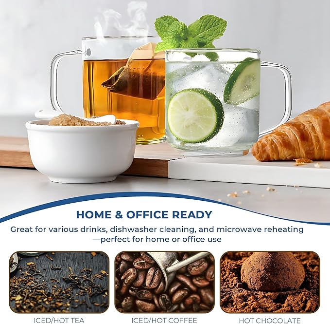 Aquach 22oz Large Clear Glass Coffee Mugs Set of 2 - Serve as General Drinking Glasses for Water, Coffee, Tea, and Juice