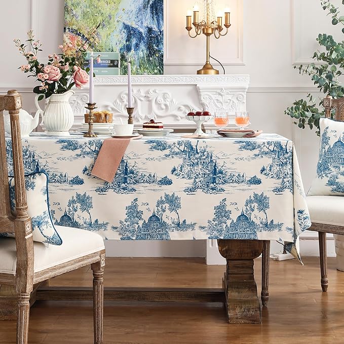 patdrea Designer Cyan Tablecloth for Rectangle Tables,Vintage Linen with Ancient Castle and Manor Pattern Tablecloths,Elegant Table Cover Cloth Decor for Kitchen Dining Christmas,63"*87"