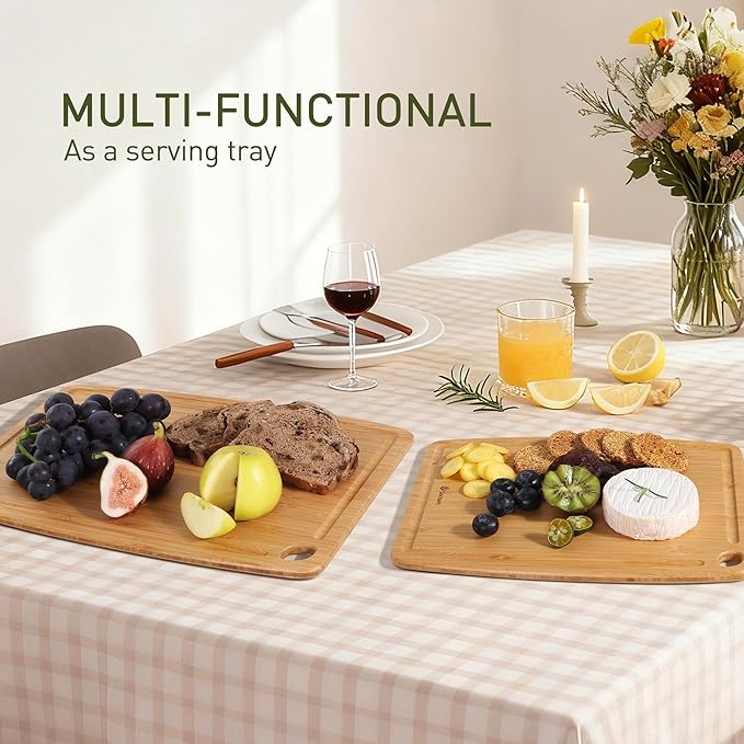 Lightweight Durable Bamboo Cutting Board Set with Non-Slip Feet, Wooden Cutting Boards for Busy Kitchen, Easy Storage & Clean Wooden Chopping Boards with Juice Groove Set of 2 (M+L)