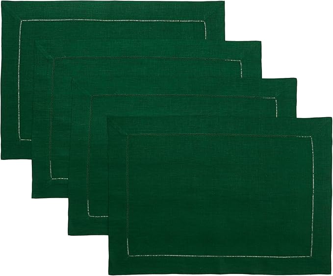 D'Moksha Homes Linen Placemats Set of 4 - Classic Hemstitch Forest Green Placemats 14 x 19 Inch - 100% Pure Linen Table Mats for Thanksgiving, Christmas, Holiday - Handcrafted and Machine Washable