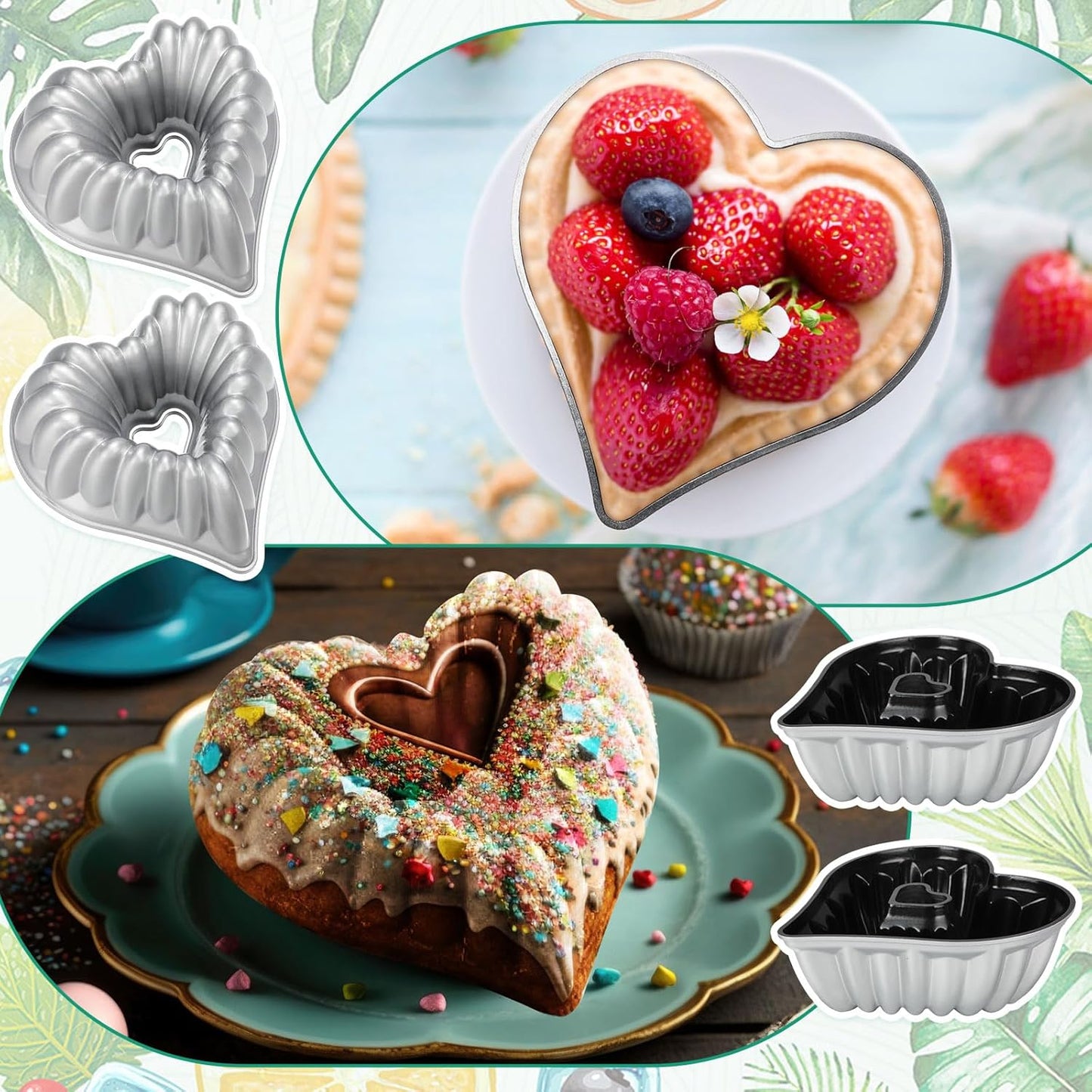 Layhit 2 Pcs 10 Inches Heart Shaped Fluted Cake Pan Aluminum Heart Cake pan Non Stick Oven Baking Mold for Birthday Wedding Family Party Kitchen Accessories (Silver)