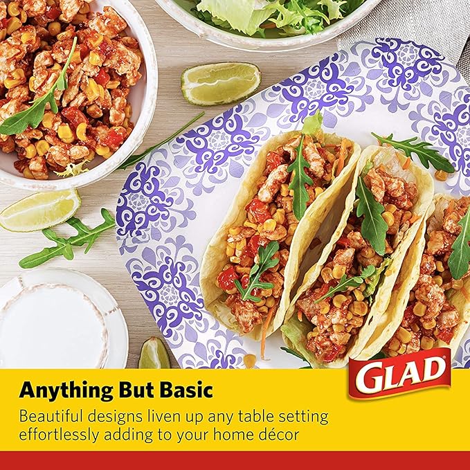 Glad Square Disposable Paper Plates, Purple Victorian Pattern - Strong, Sturdy, Soak Proof, and Microwavable Decorative Plates for Dinner and Everyday Use, 8.5 Inch, 50 Count - 12 Pack