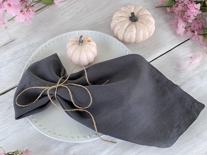 Hemstitched Linen Napkins – 20 Inch x 20 Inch – Stonewashed Pure Linen Cloth Dinner Napkins with Mitered Corners - 100% French Flax – Machine Washable - Set of 4 (Dark Gray)