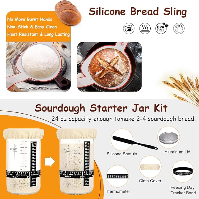 Sourdough Bread Baking Supplies Kit, 10" Oval & 9" Round Bread Proofing Basket Set Jar Scraper Scoring Lame Brush Short Danish Whisk, Sourdough Starter Kit Gift for Bread Making (Round & Jar)